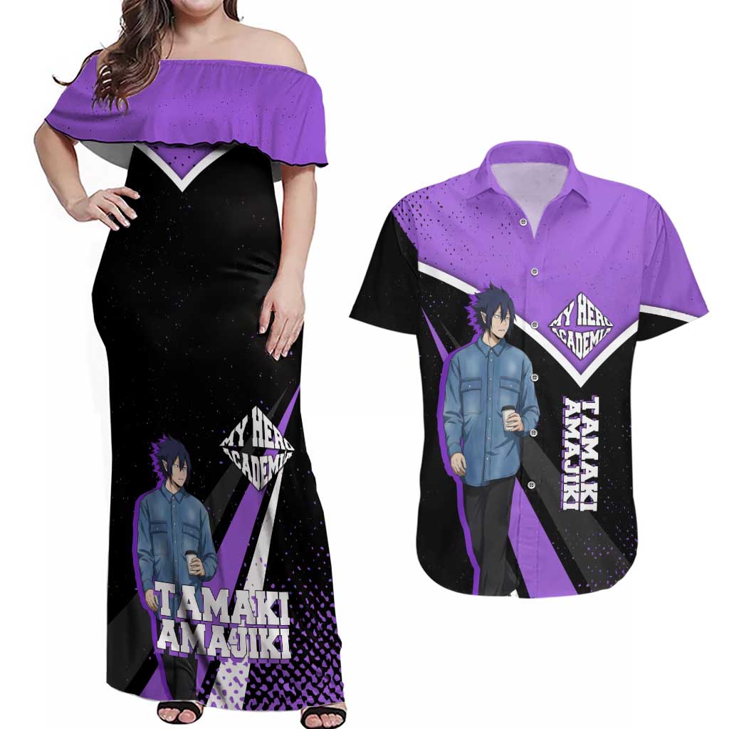 Tamaki Amajiki My Hero Academia Couples Matching Off Shoulder Maxi Dress and Hawaiian Shirt Anime Grunge Splatter Graphic Style