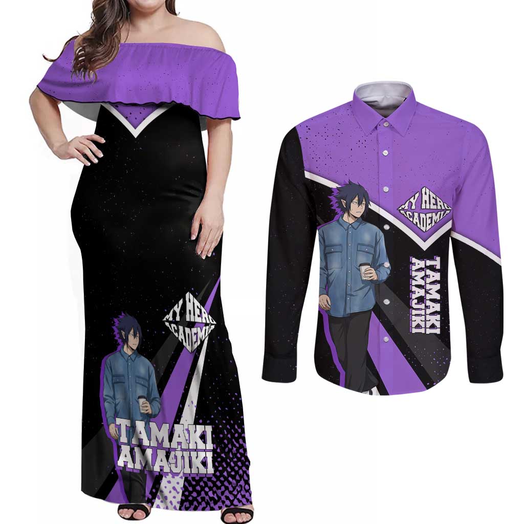 Tamaki Amajiki My Hero Academia Couples Matching Off Shoulder Maxi Dress and Long Sleeve Button Shirt Anime Grunge Splatter Graphic Style