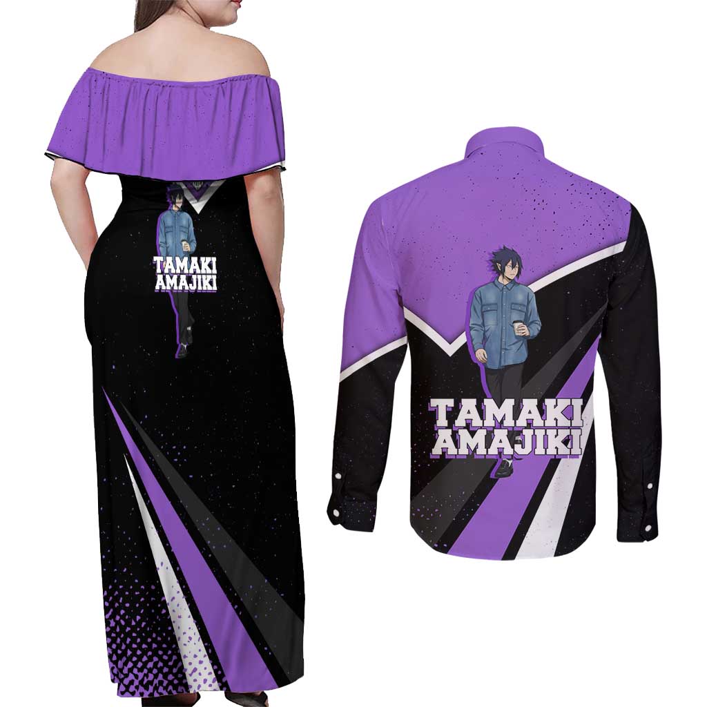 Tamaki Amajiki My Hero Academia Couples Matching Off Shoulder Maxi Dress and Long Sleeve Button Shirt Anime Grunge Splatter Graphic Style