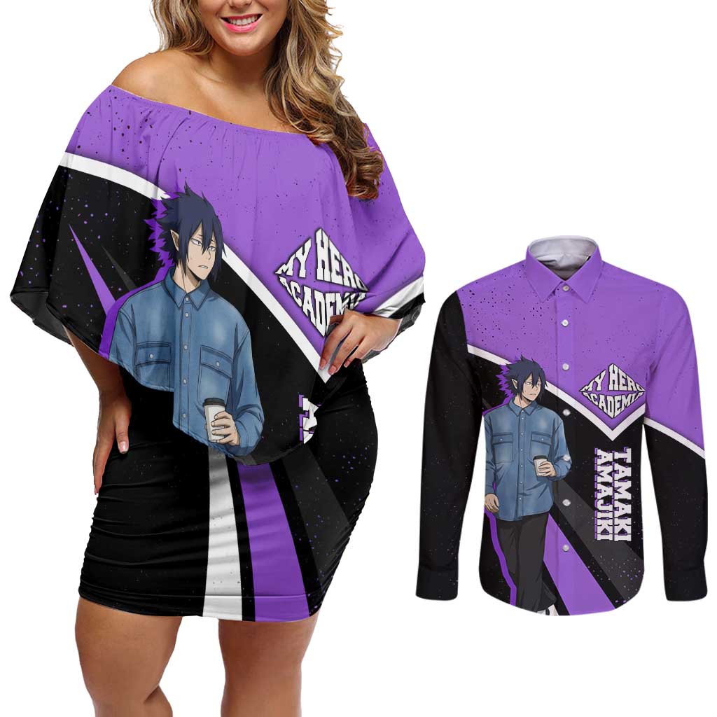 Tamaki Amajiki My Hero Academia Couples Matching Off Shoulder Short Dress and Long Sleeve Button Shirt Anime Grunge Splatter Graphic Style
