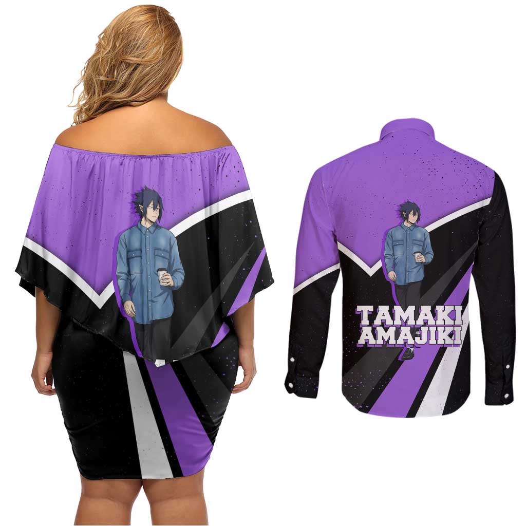Tamaki Amajiki My Hero Academia Couples Matching Off Shoulder Short Dress and Long Sleeve Button Shirt Anime Grunge Splatter Graphic Style