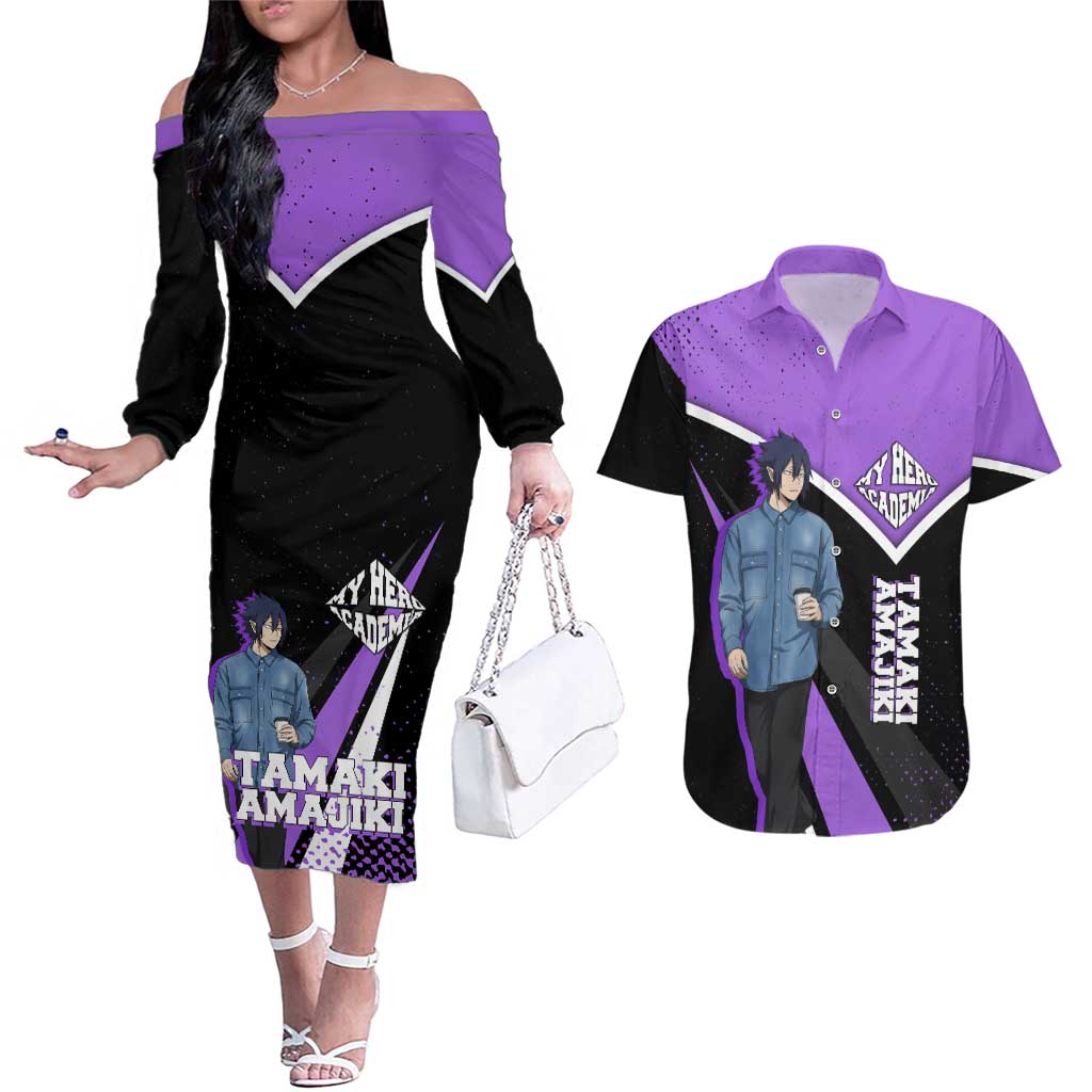 Tamaki Amajiki My Hero Academia Couples Matching Off The Shoulder Long Sleeve Dress and Hawaiian Shirt Anime Grunge Splatter Graphic Style