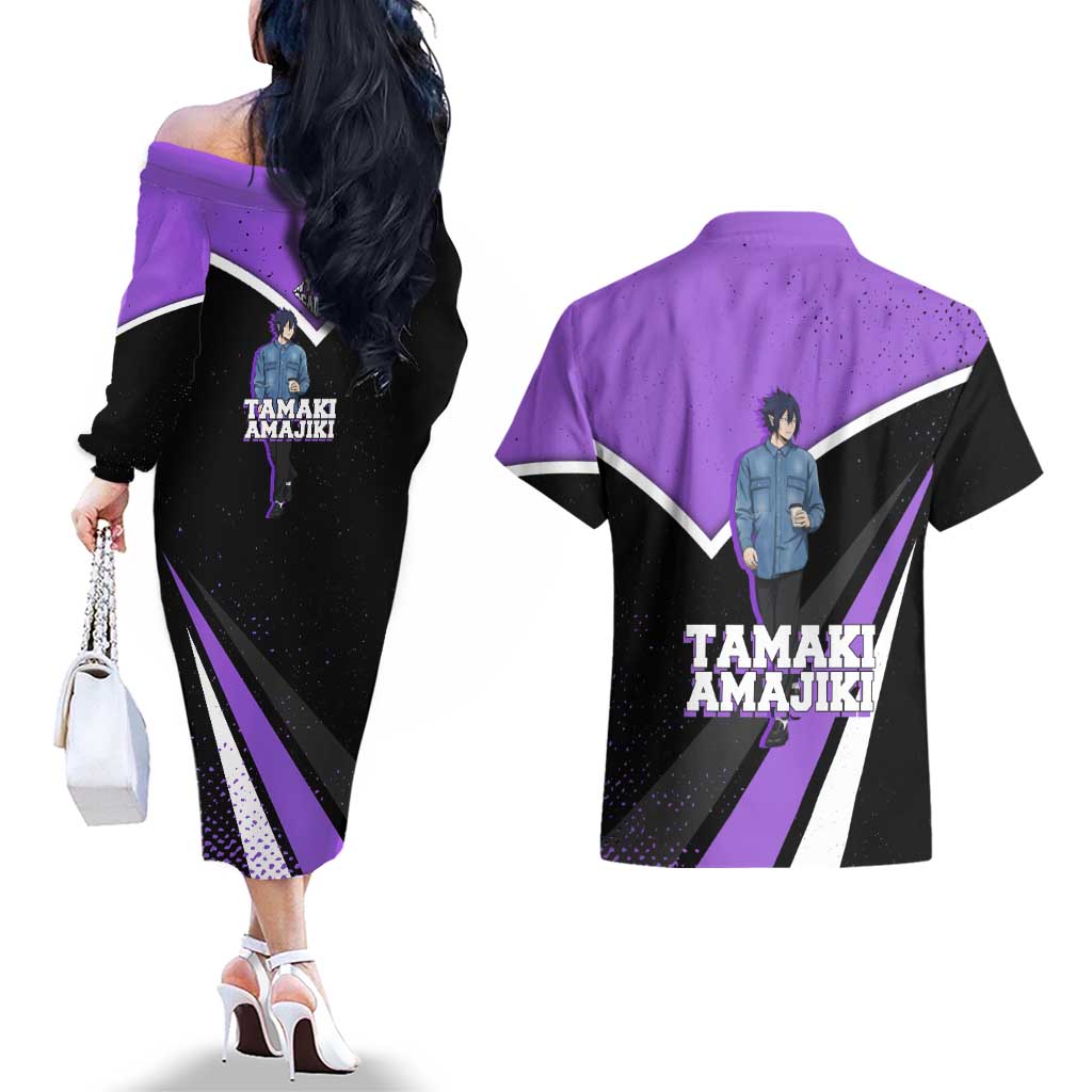 Tamaki Amajiki My Hero Academia Couples Matching Off The Shoulder Long Sleeve Dress and Hawaiian Shirt Anime Grunge Splatter Graphic Style