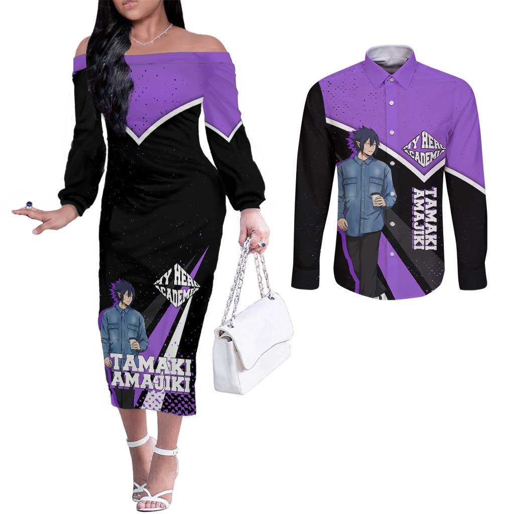 Tamaki Amajiki My Hero Academia Couples Matching Off The Shoulder Long Sleeve Dress and Long Sleeve Button Shirt Anime Grunge Splatter Graphic Style