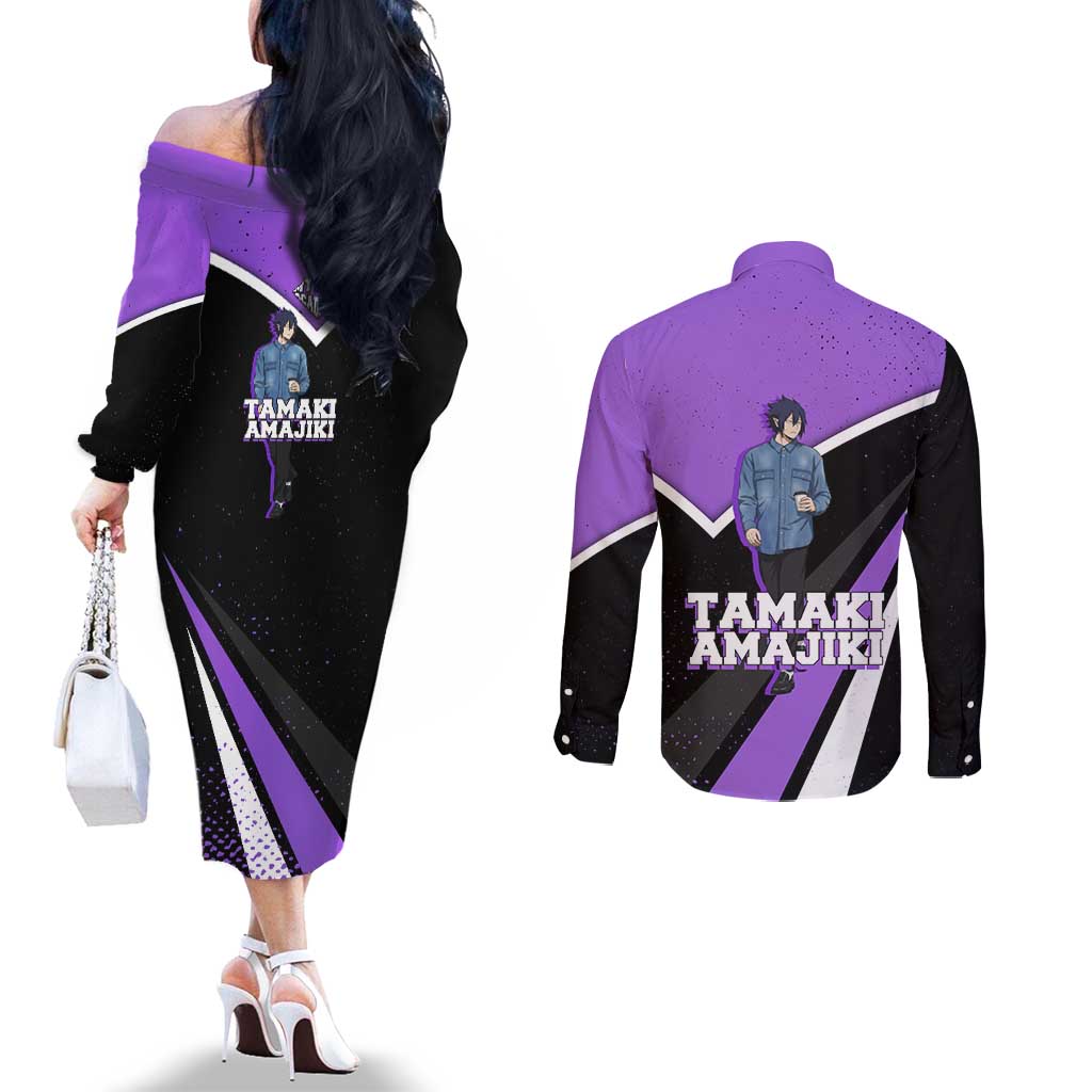 Tamaki Amajiki My Hero Academia Couples Matching Off The Shoulder Long Sleeve Dress and Long Sleeve Button Shirt Anime Grunge Splatter Graphic Style