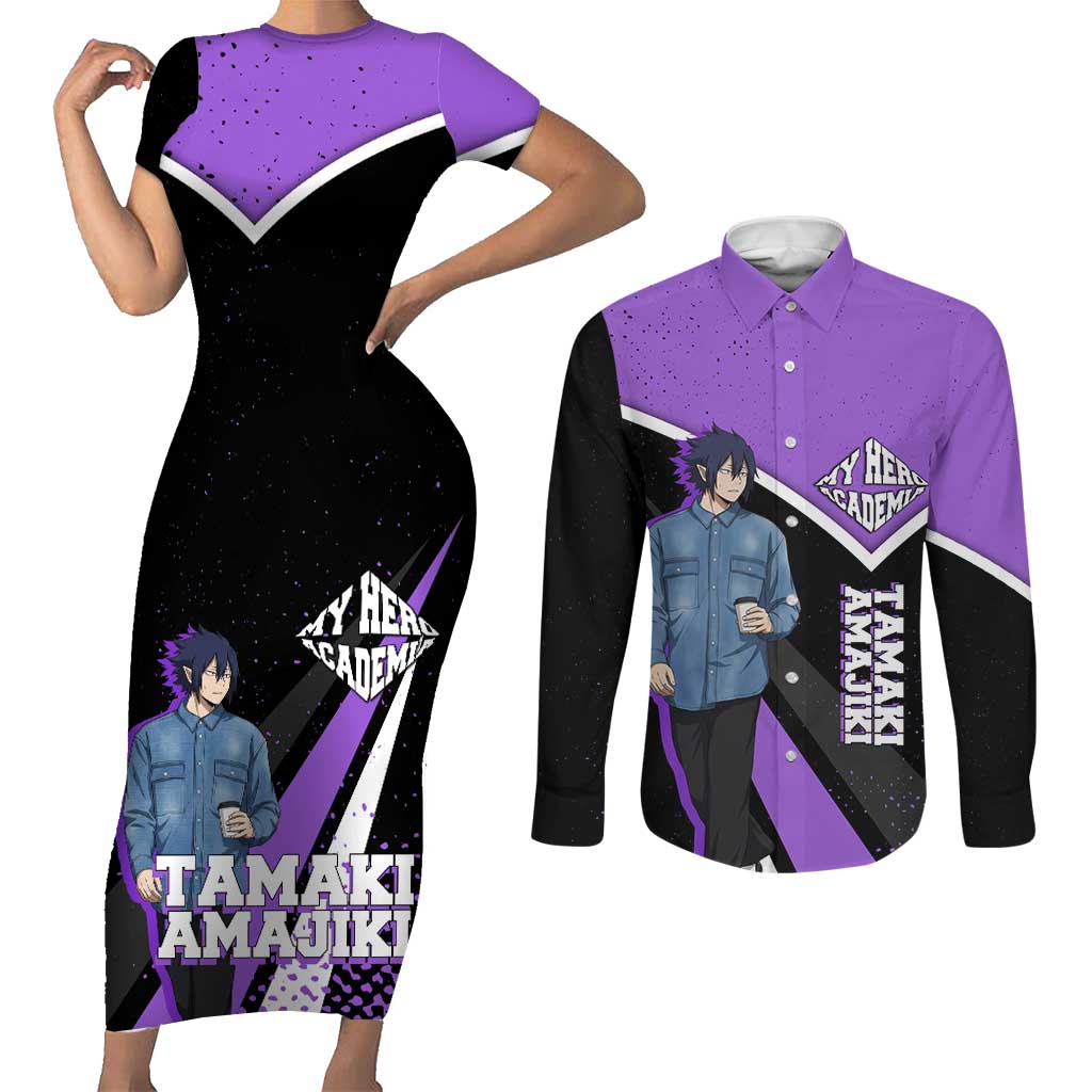 Tamaki Amajiki My Hero Academia Couples Matching Short Sleeve Bodycon Dress and Long Sleeve Button Shirt Anime Grunge Splatter Graphic Style