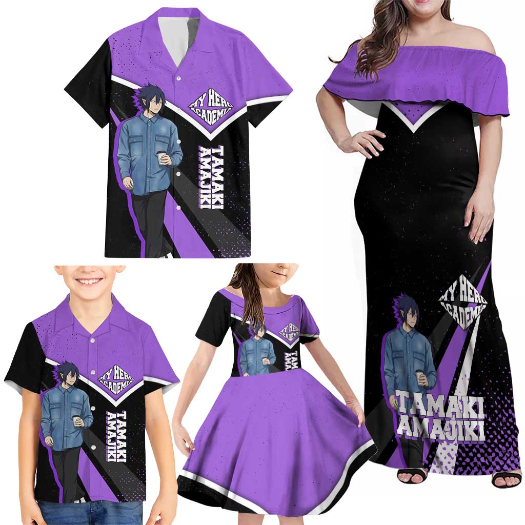 Tamaki Amajiki My Hero Academia Family Matching Off Shoulder Maxi Dress and Hawaiian Shirt Anime Grunge Splatter Graphic Style