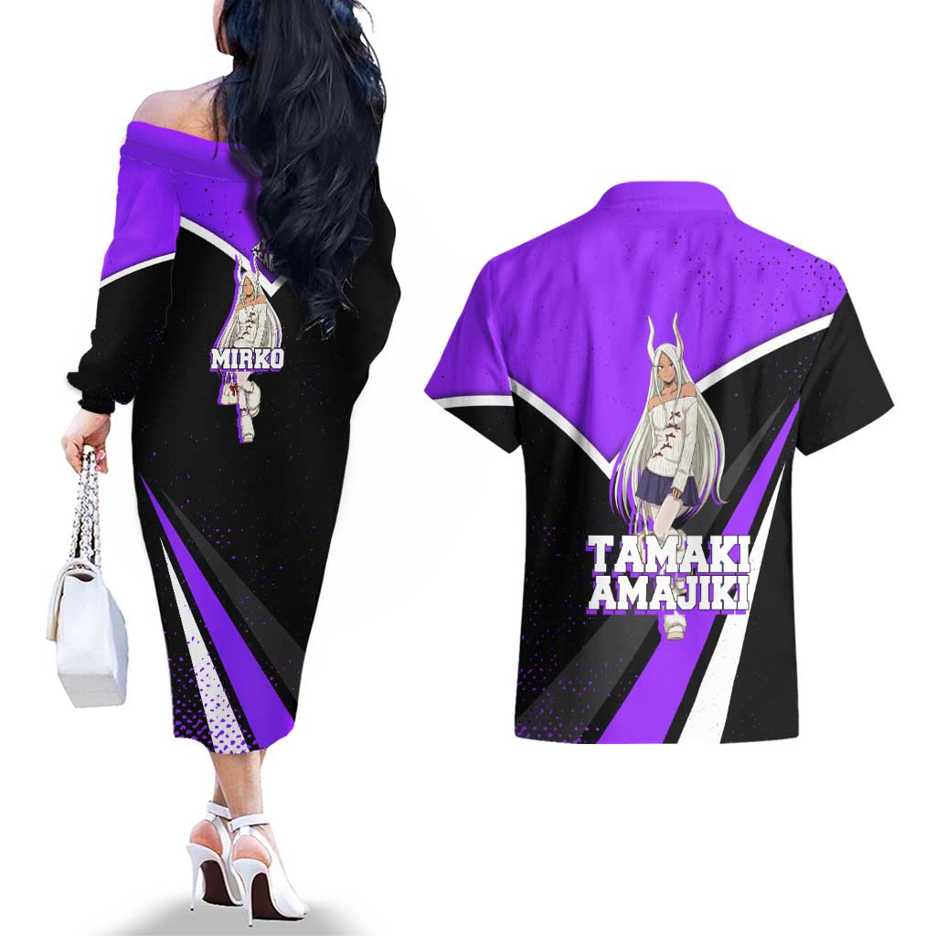 Mirko My Hero Academia Couples Matching Off The Shoulder Long Sleeve Dress and Hawaiian Shirt Anime Grunge Splatter Graphic Style