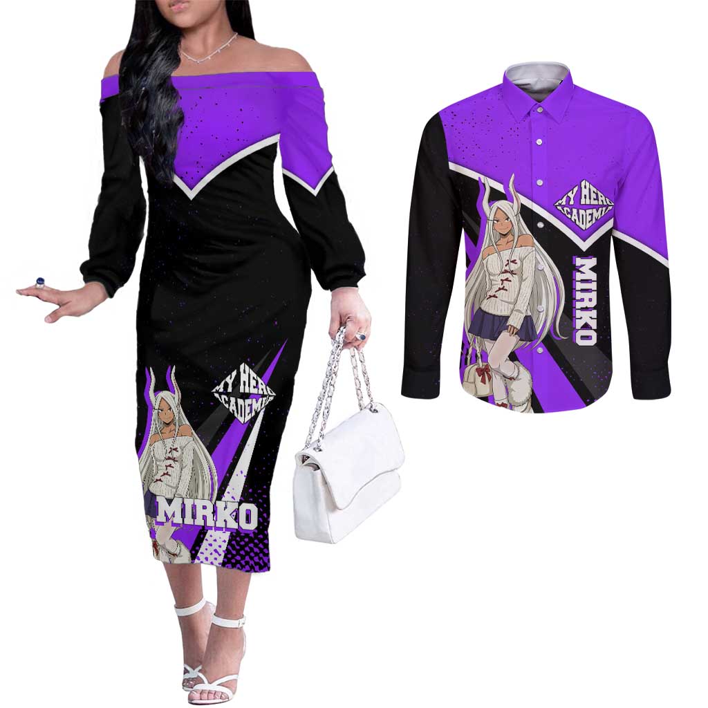 Mirko My Hero Academia Couples Matching Off The Shoulder Long Sleeve Dress and Long Sleeve Button Shirt Anime Grunge Splatter Graphic Style