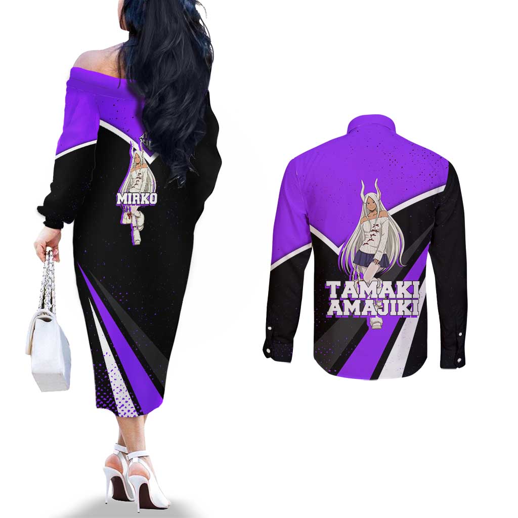 Mirko My Hero Academia Couples Matching Off The Shoulder Long Sleeve Dress and Long Sleeve Button Shirt Anime Grunge Splatter Graphic Style