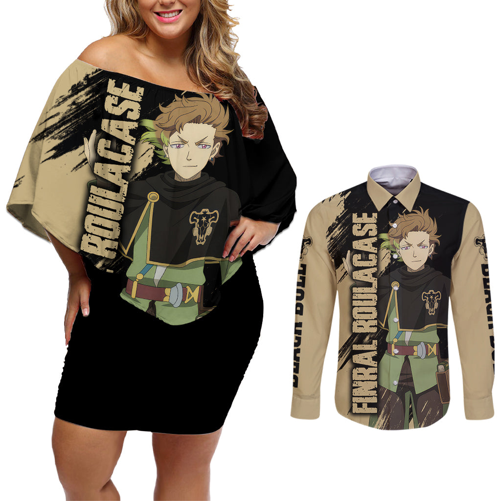 Black Bull Finral Roulacase Couples Matching Off Shoulder Short Dress and Long Sleeve Button Shirt Black Clover Anime