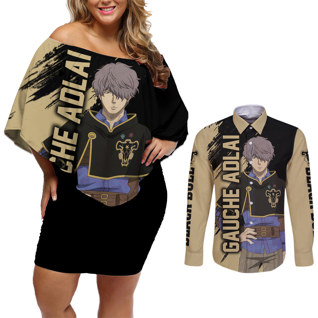 Black Bull Gauche Adlai Couples Matching Off Shoulder Short Dress and Long Sleeve Button Shirt Black Clover Anime