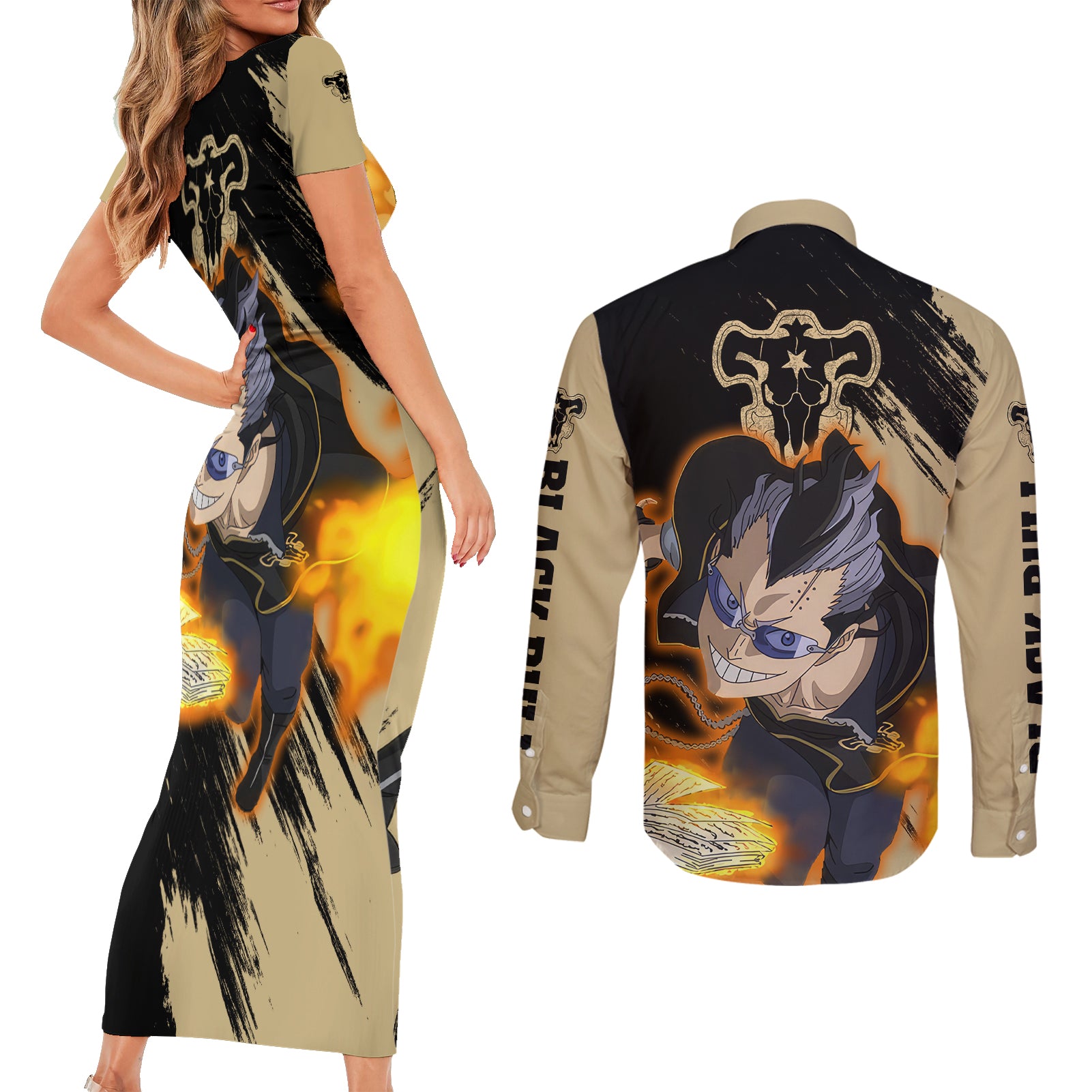 Black Bull Magna Swing Couples Matching Short Sleeve Bodycon Dress and Long Sleeve Button Shirt Black Clover Anime