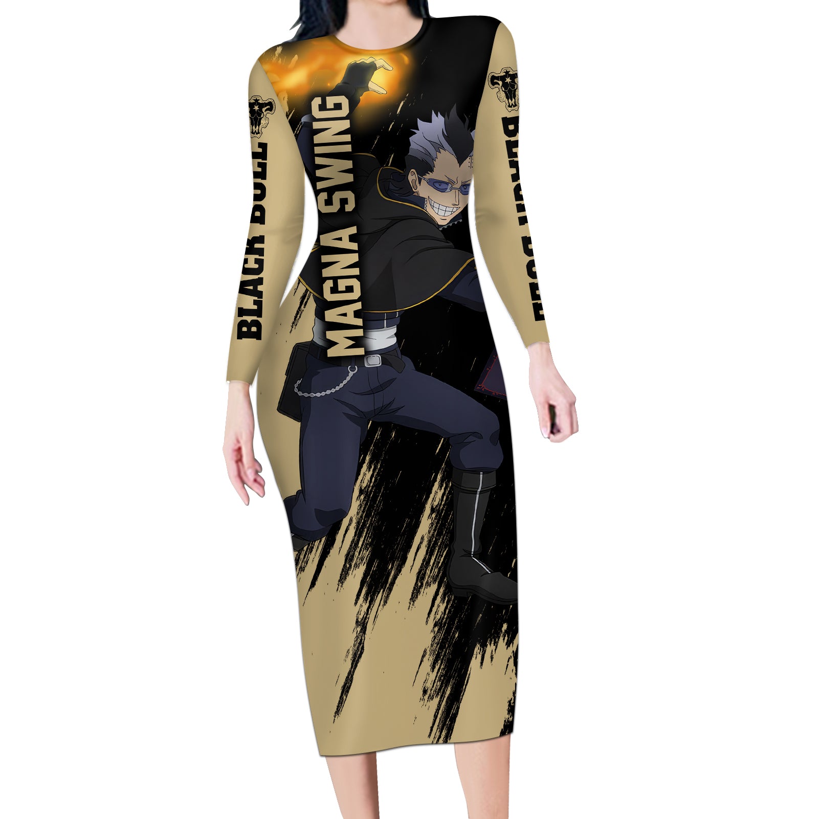 Black Bull Magna Swing Long Sleeve Bodycon Dress Black Clover Anime