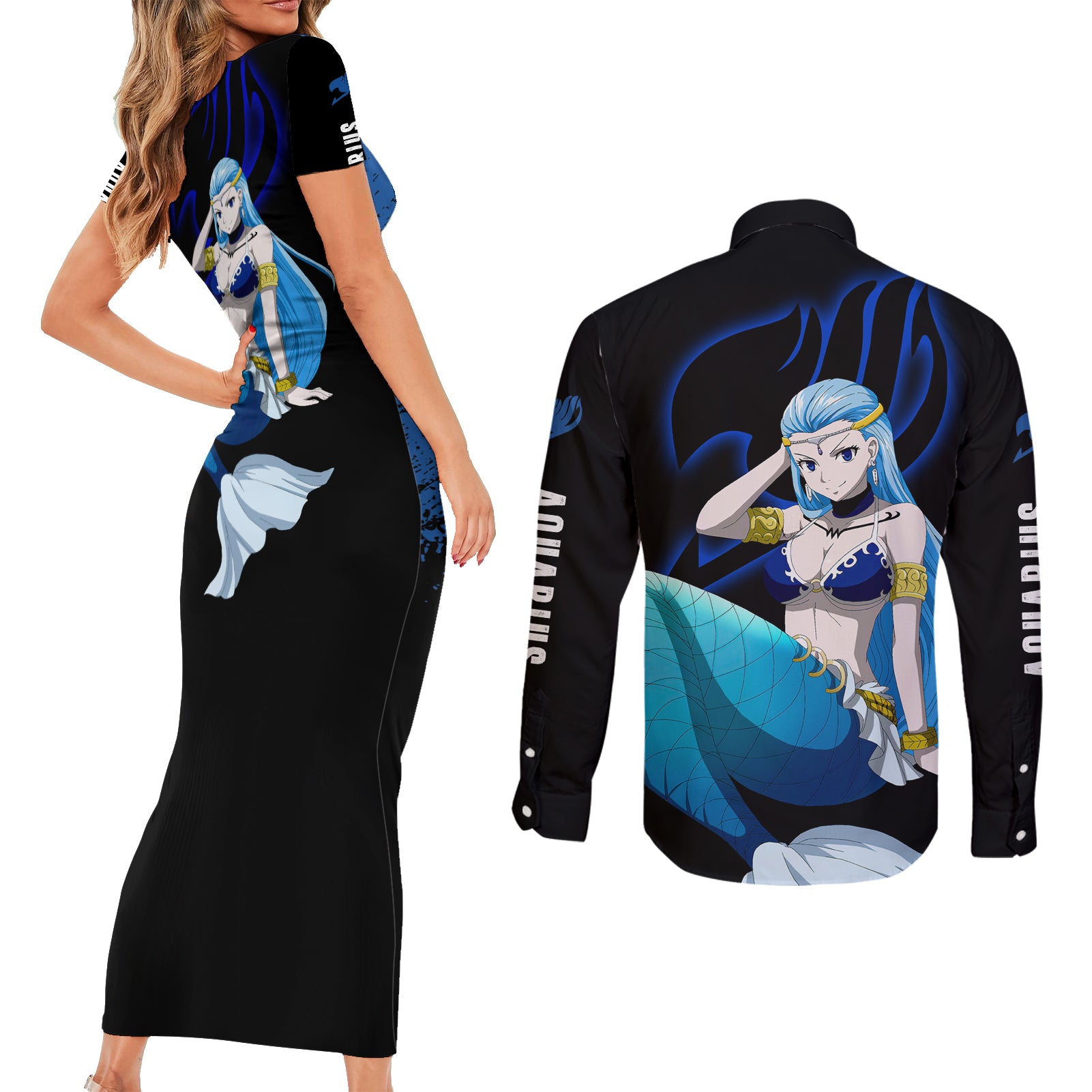 Celestial Aquarius Couples Matching Short Sleeve Bodycon Dress and Long Sleeve Button Shirt Fairy Tail