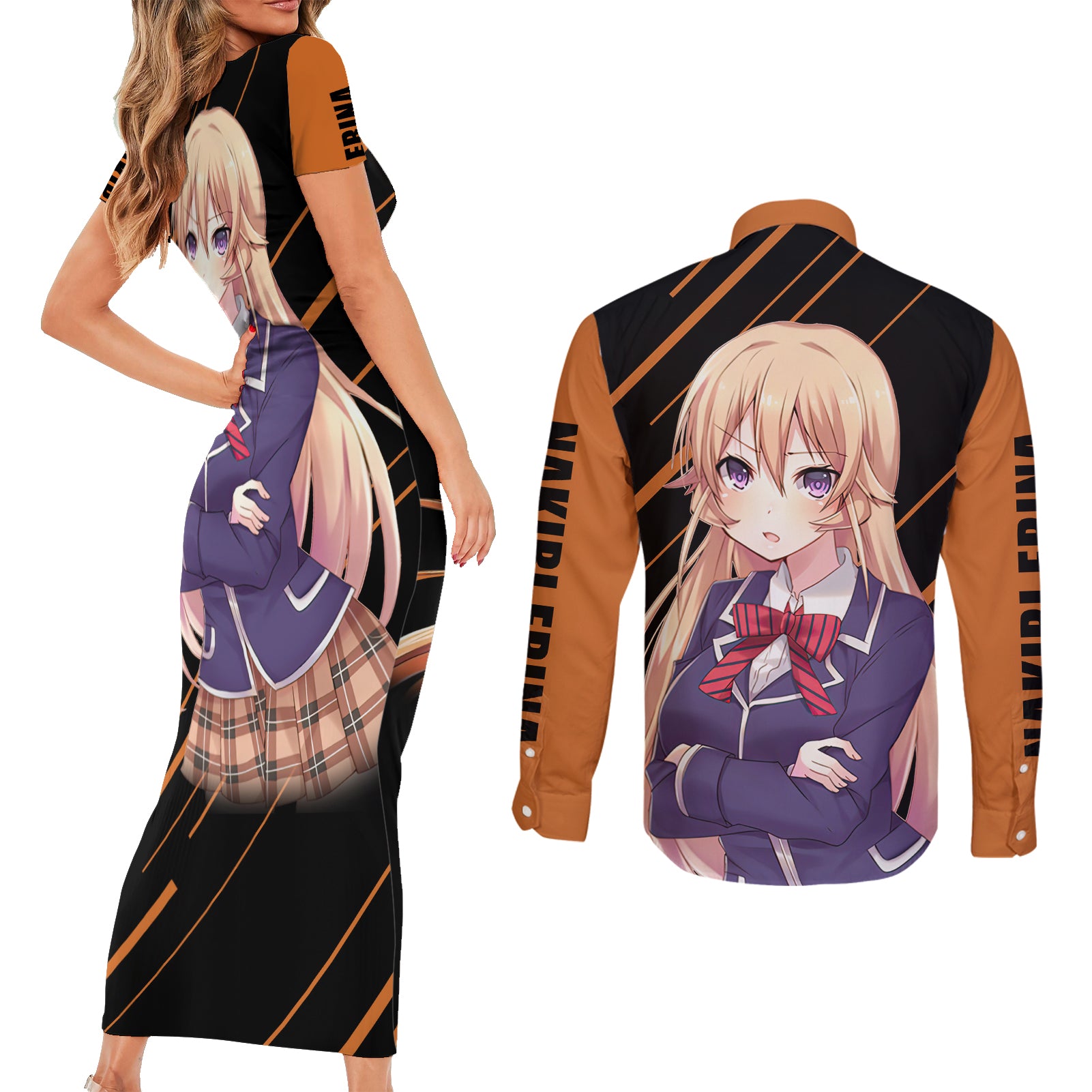 Nakiri Erina Couples Matching Short Sleeve Bodycon Dress and Long Sleeve Button Shirt Shokugeki no Soma Anime