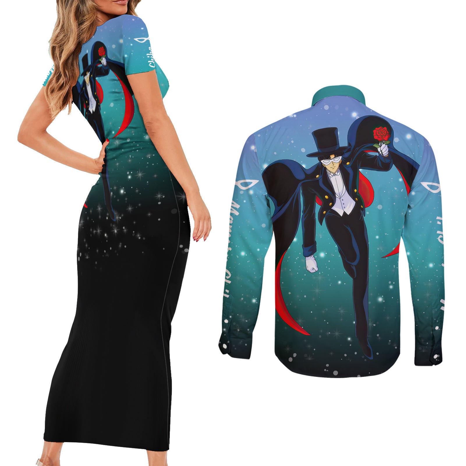 Tuxedo Couples Matching Short Sleeve Bodycon Dress and Long Sleeve Button Shirt Sailor Moon