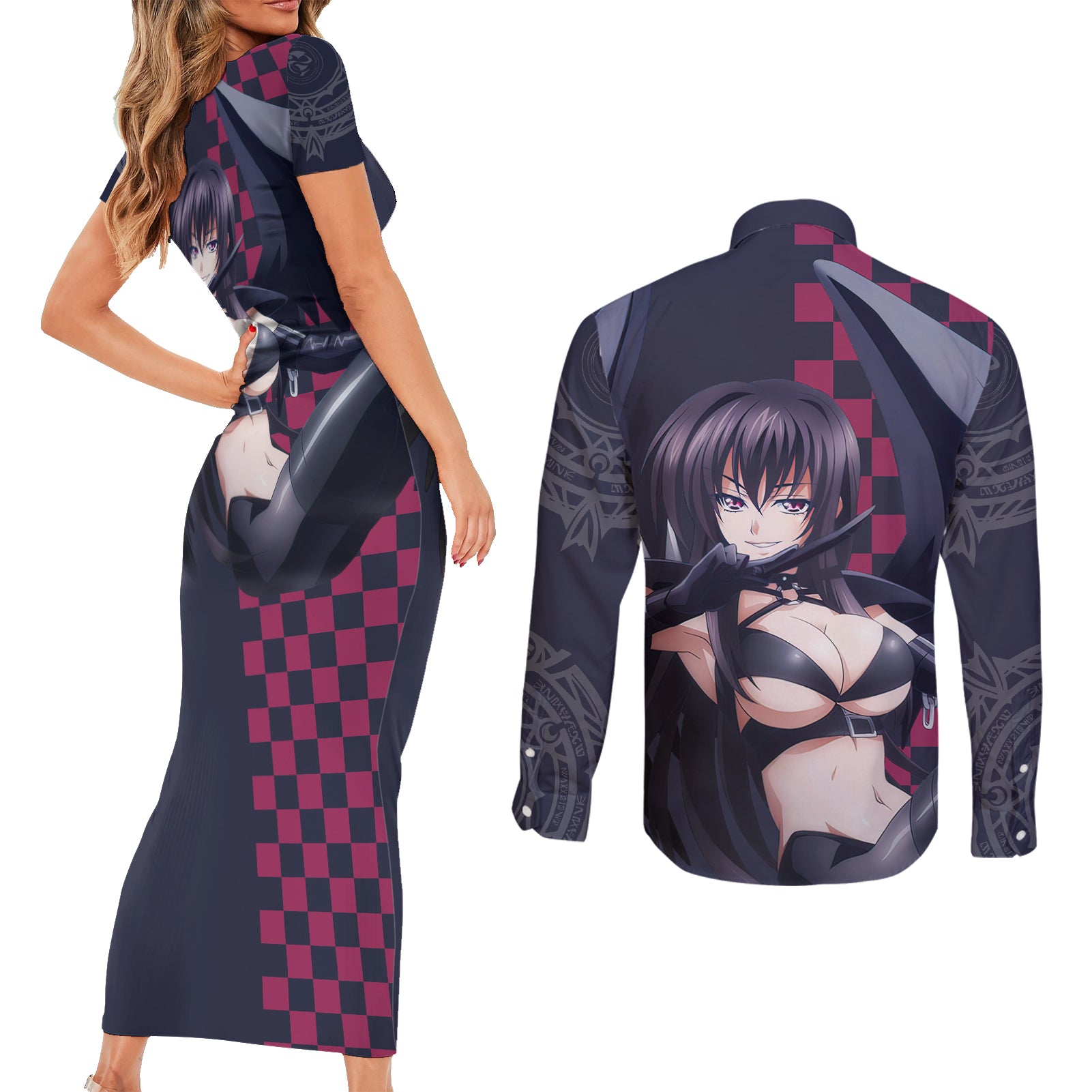 Raynare Couples Matching Short Sleeve Bodycon Dress and Long Sleeve Button Shirt Highschool Of Dead