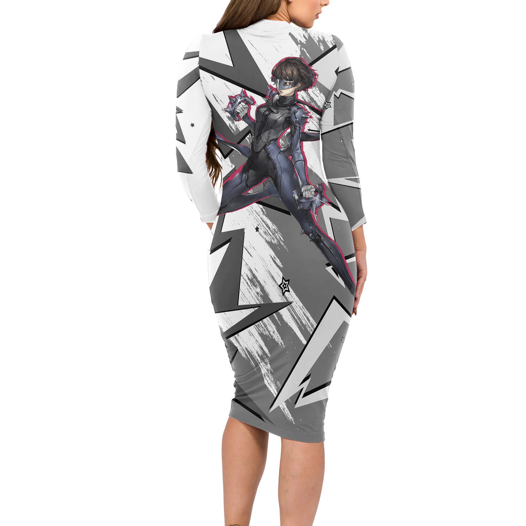 Makoto Niijima Persona Long Sleeve Bodycon Dress Anime Mix Polygon Cyber Style