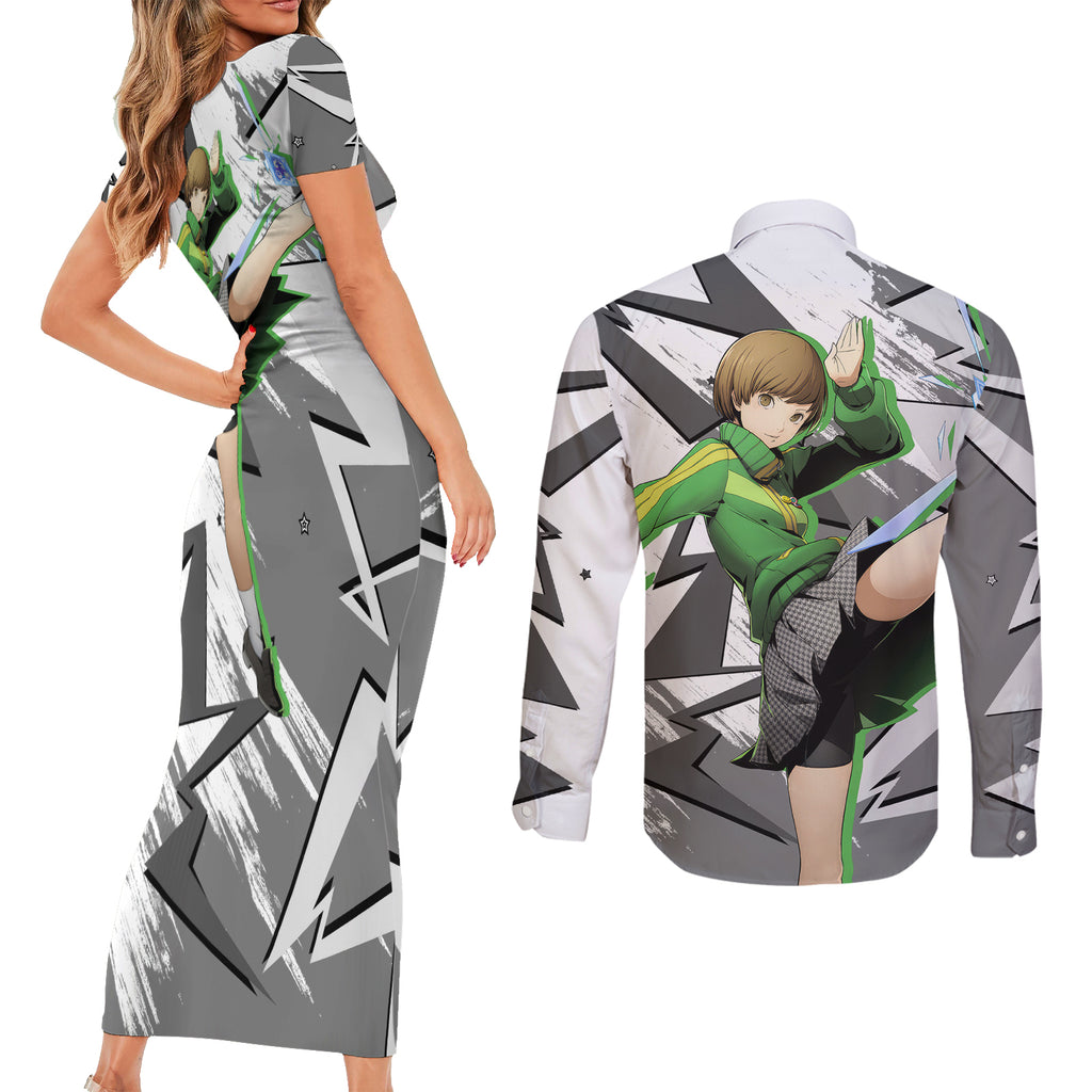 Chie Satonaka Persona Couples Matching Short Sleeve Bodycon Dress and Long Sleeve Button Shirt Anime Mix Polygon Cyber Style