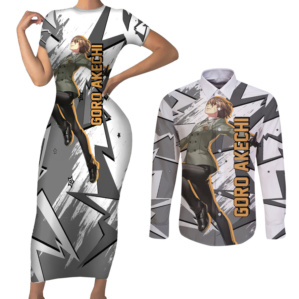 Goro Akechi Persona Couples Matching Short Sleeve Bodycon Dress and Long Sleeve Button Shirt Anime Mix Polygon Cyber Style