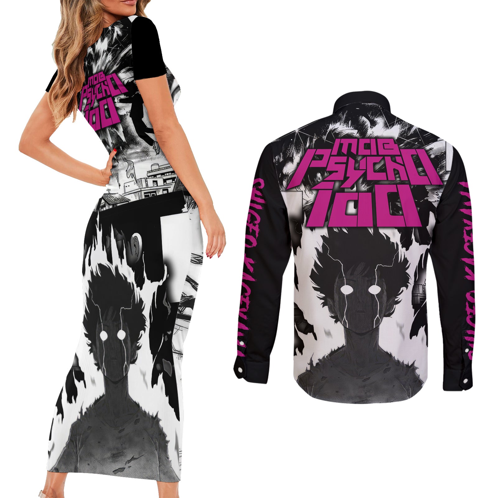 Arataka Reigen Mob Psycho 100 Couples Matching Short Sleeve Bodycon Dress and Long Sleeve Button Shirt Anime Style Art