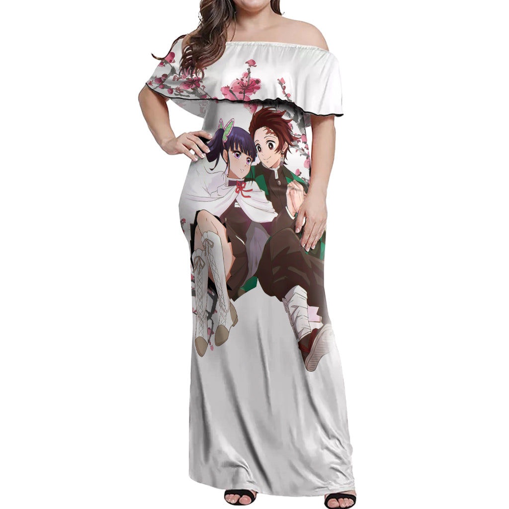 Tanjiro and Kanao Off Shoulder Maxi Dress Demon Slayer Anime Style