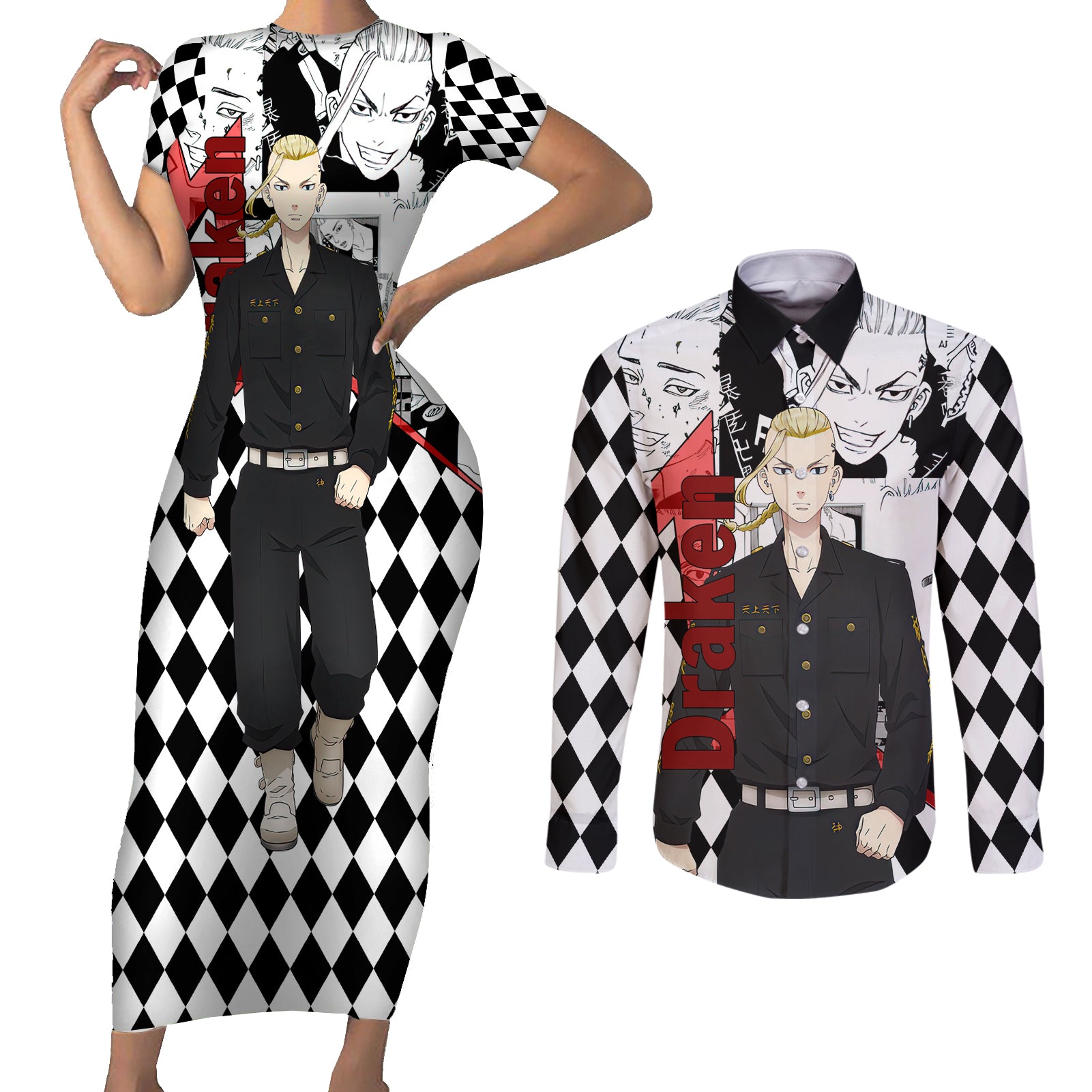Ryuuguuji Ken Draken Couples Matching Short Sleeve Bodycon Dress and Long Sleeve Button Shirt Anime Mix Manga Style