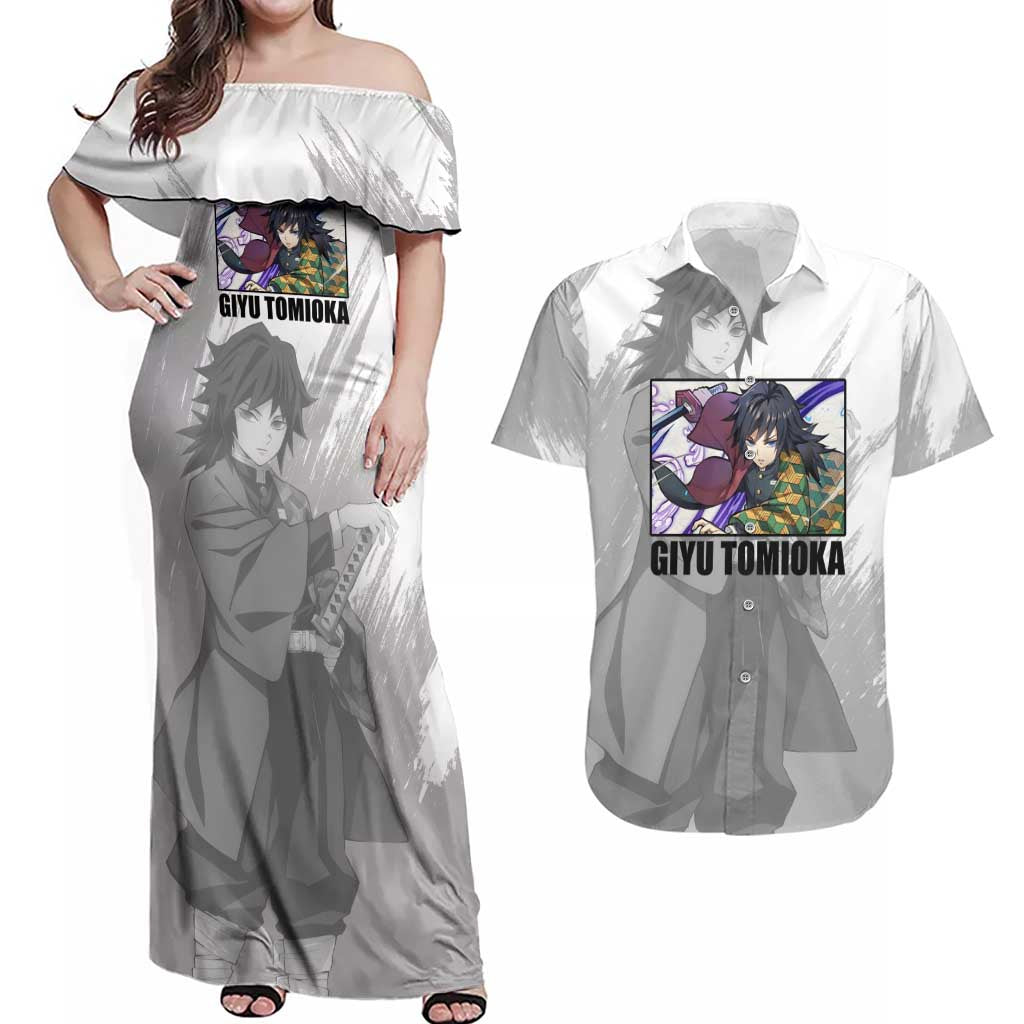 Giyu Tomioka - Demon Slayer Couples Matching Off Shoulder Maxi Dress and Hawaiian Shirt Anime Style