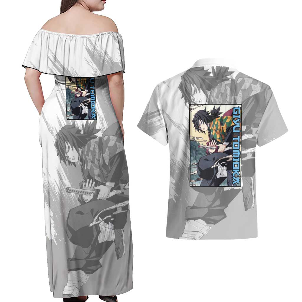 Giyu Tomioka - Demon Slayer Couples Matching Off Shoulder Maxi Dress and Hawaiian Shirt Anime Style