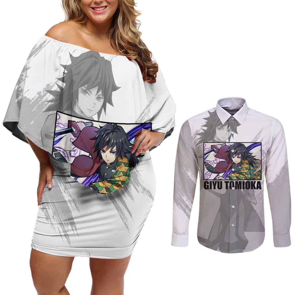 Giyu Tomioka - Demon Slayer Couples Matching Off Shoulder Short Dress and Long Sleeve Button Shirt Anime Style