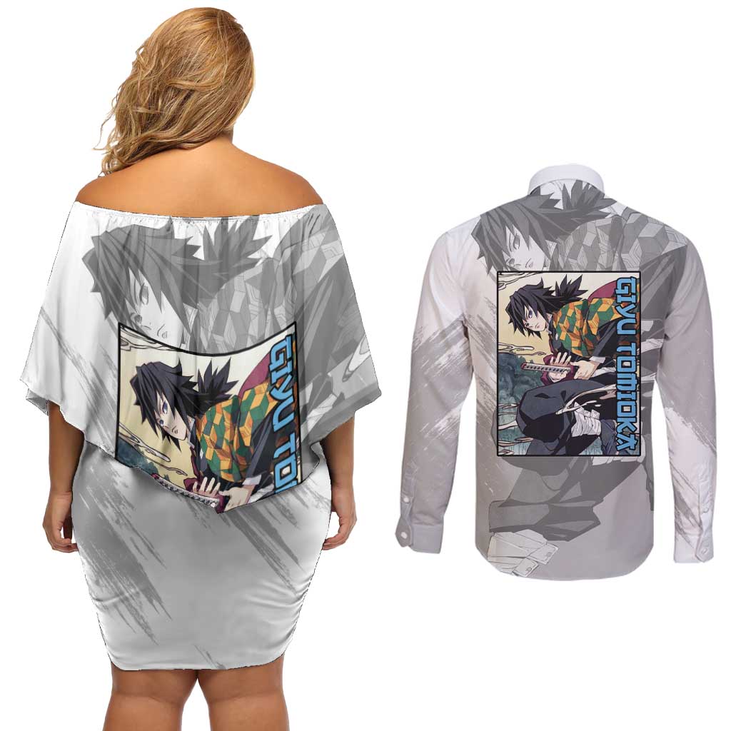 Giyu Tomioka - Demon Slayer Couples Matching Off Shoulder Short Dress and Long Sleeve Button Shirt Anime Style