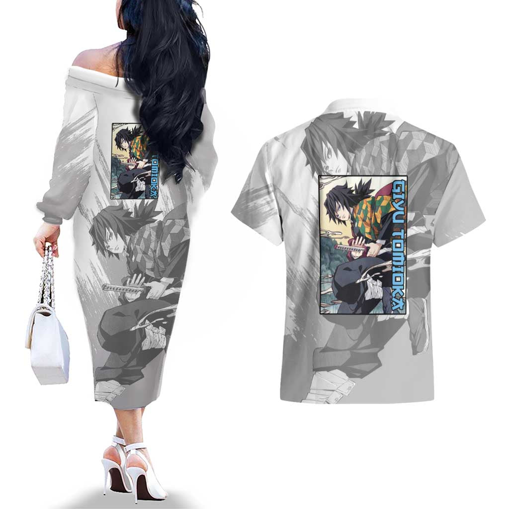 Giyu Tomioka - Demon Slayer Couples Matching Off The Shoulder Long Sleeve Dress and Hawaiian Shirt Anime Style