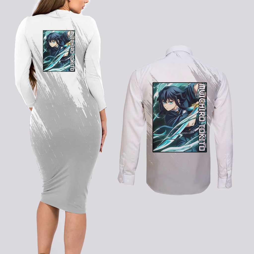 Muichiro Tokito - Demon Slayer Couples Matching Long Sleeve Bodycon Dress and Long Sleeve Button Shirt Anime Style