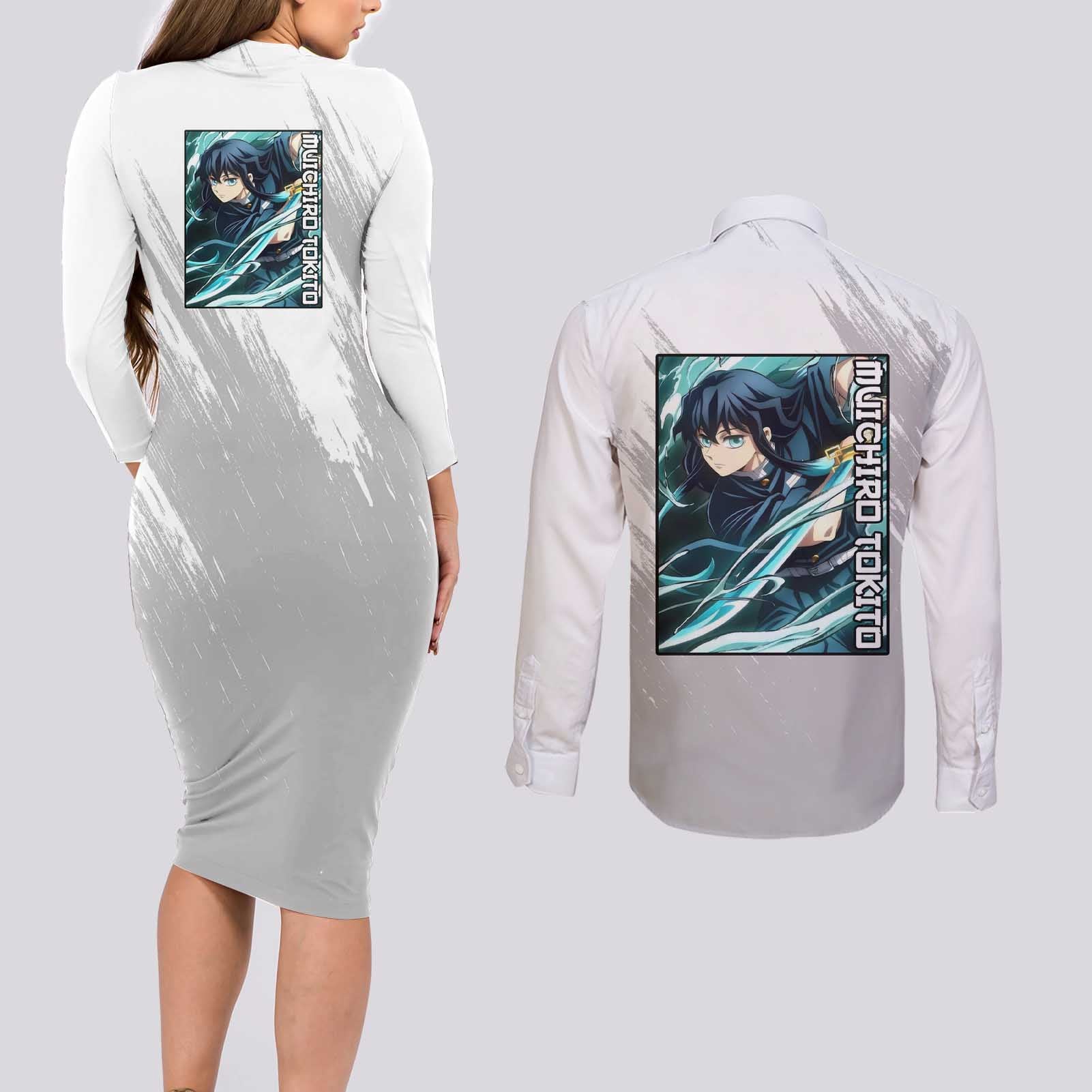 Muichiro Tokito - Demon Slayer Couples Matching Long Sleeve Bodycon Dress and Long Sleeve Button Shirt Anime Style