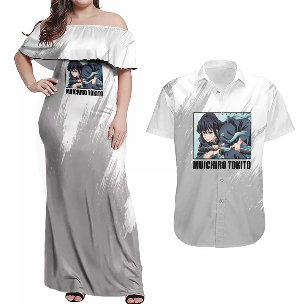 Muichiro Tokito - Demon Slayer Couples Matching Off Shoulder Maxi Dress and Hawaiian Shirt Anime Style
