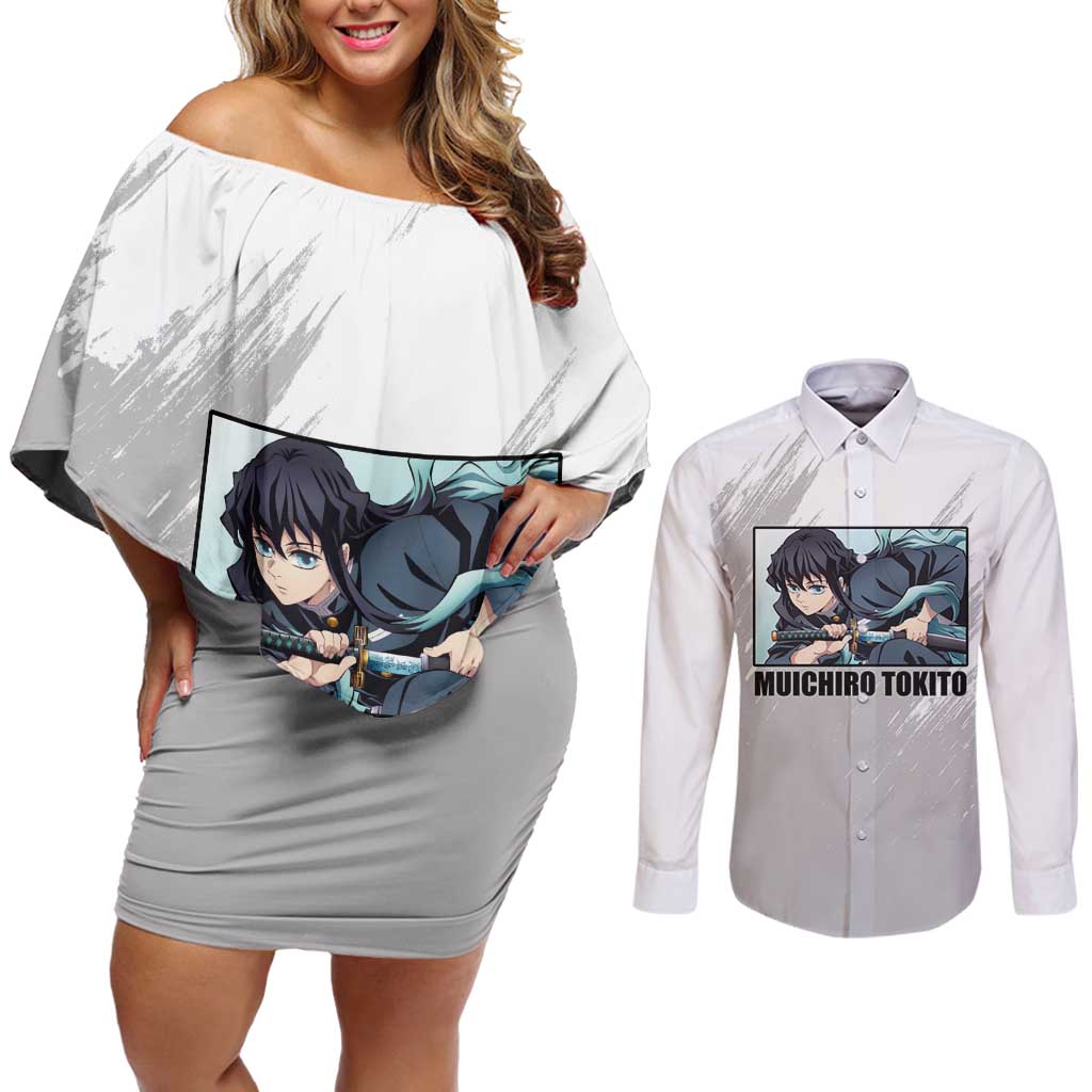 Muichiro Tokito - Demon Slayer Couples Matching Off Shoulder Short Dress and Long Sleeve Button Shirt Anime Style