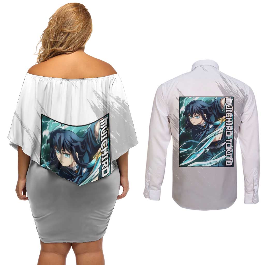 Muichiro Tokito - Demon Slayer Couples Matching Off Shoulder Short Dress and Long Sleeve Button Shirt Anime Style