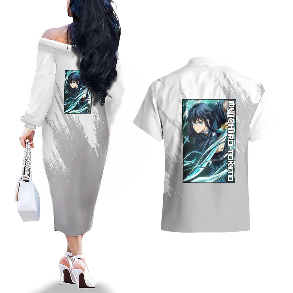Muichiro Tokito - Demon Slayer Couples Matching Off The Shoulder Long Sleeve Dress and Hawaiian Shirt Anime Style