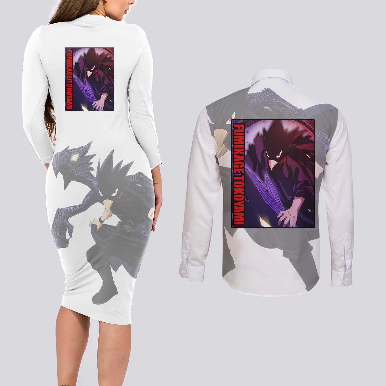 Fumikage Tokoyami - My Hero Academia Couples Matching Long Sleeve Bodycon Dress and Long Sleeve Button Shirt Anime Style