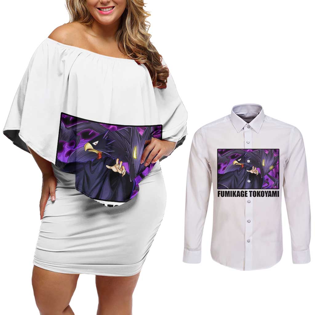Fumikage Tokoyami - My Hero Academia Couples Matching Off Shoulder Short Dress and Long Sleeve Button Shirt Anime Style