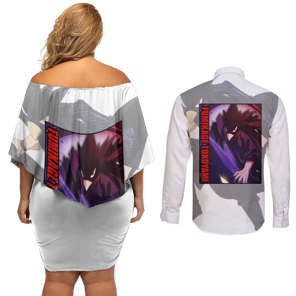 Fumikage Tokoyami - My Hero Academia Couples Matching Off Shoulder Short Dress and Long Sleeve Button Shirt Anime Style
