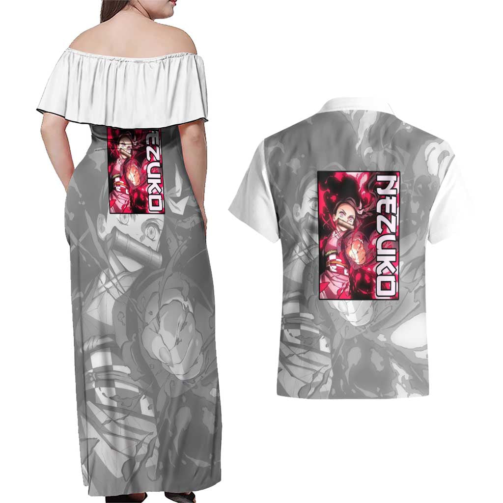 Nezuko Kamado - Demon Slayer Couples Matching Off Shoulder Maxi Dress and Hawaiian Shirt Anime Style