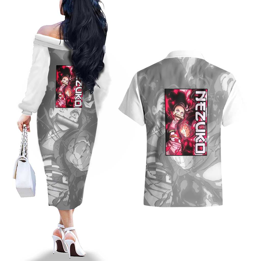 Nezuko Kamado - Demon Slayer Couples Matching Off The Shoulder Long Sleeve Dress and Hawaiian Shirt Anime Style