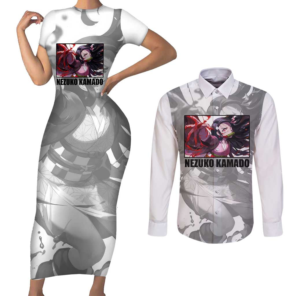 Nezuko Kamado - Demon Slayer Couples Matching Short Sleeve Bodycon Dress and Long Sleeve Button Shirt Anime Style