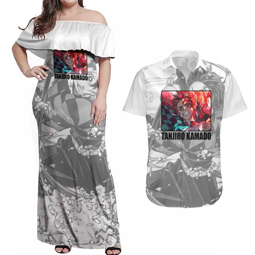 Tanjiro Kamado - Demon Slayer Couples Matching Off Shoulder Maxi Dress and Hawaiian Shirt Anime Style