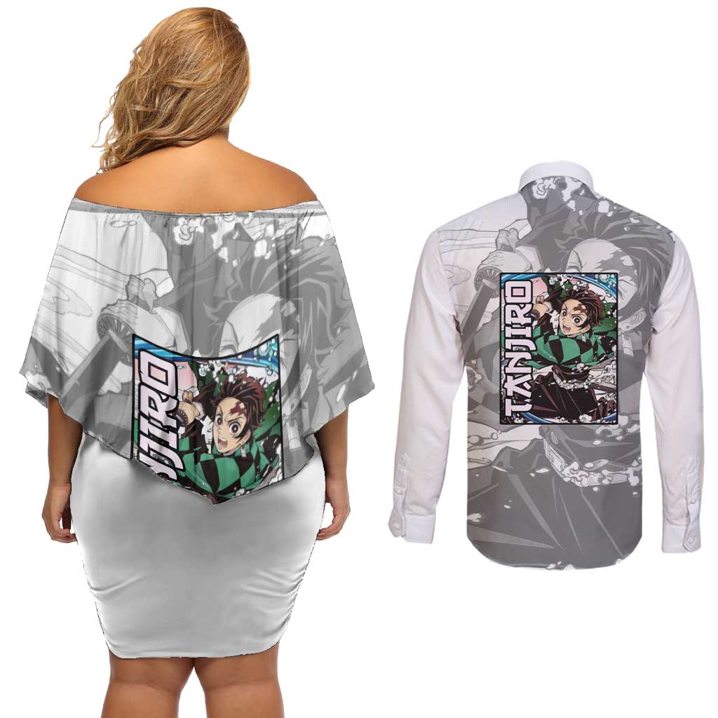 Tanjiro Kamado - Demon Slayer Couples Matching Off Shoulder Short Dress and Long Sleeve Button Shirt Anime Style