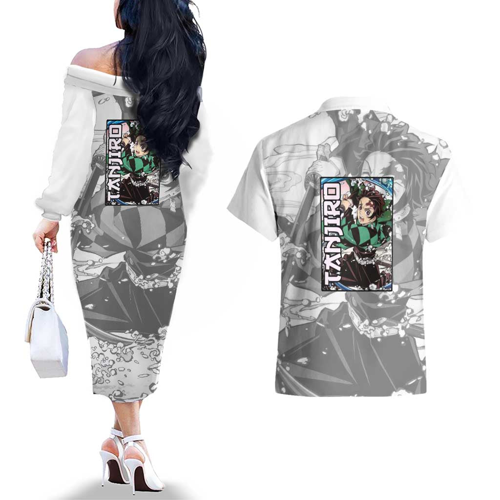 Tanjiro Kamado - Demon Slayer Couples Matching Off The Shoulder Long Sleeve Dress and Hawaiian Shirt Anime Style