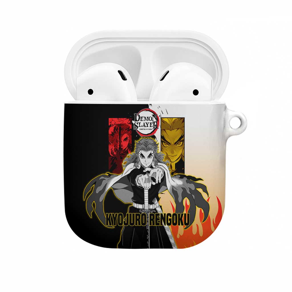 Kyojuro Rengoku from Demon Slayer AirPods Case with Black and White Split Design and Fiery Manga Panel Background - The Mazicc