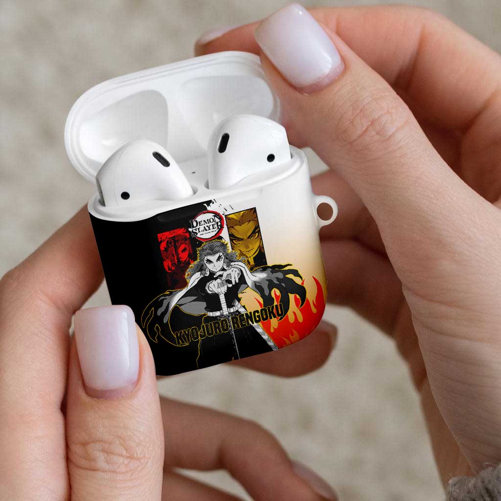 Kyojuro Rengoku from Demon Slayer AirPods Case with Black and White Split Design and Fiery Manga Panel Background - The Mazicc